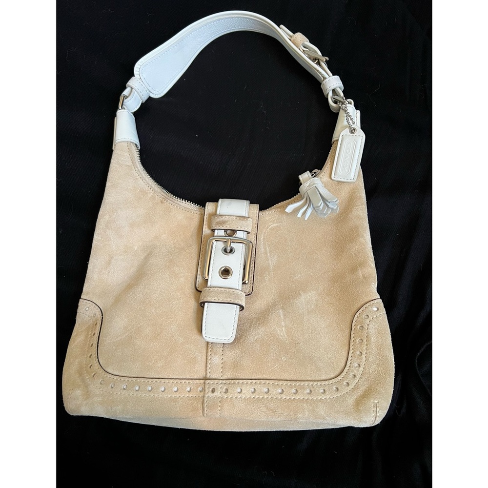 Small Suede Tan & White Leather Coach shoulder bag
